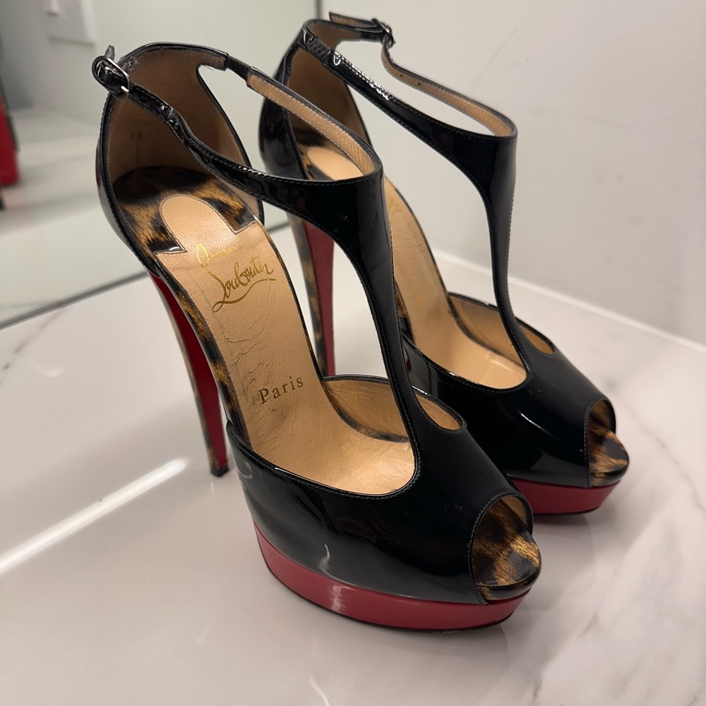 Christian Louboutin Black and Red T-Strap Heels